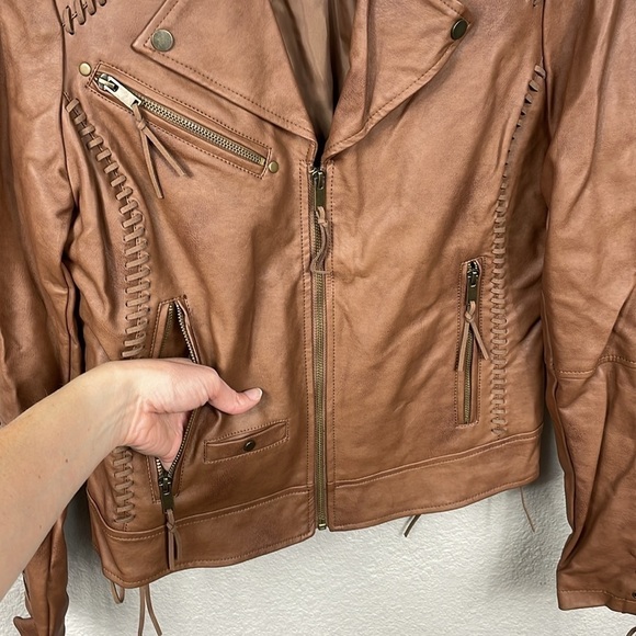 Coffee Shop Faux Leather Vegan Jacket Boho Moto Lace Up Ties Brown Sz L - Picture 6 of 14